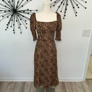 Leopard print midi dress puff sleeve cottagecore boho fitted smocked